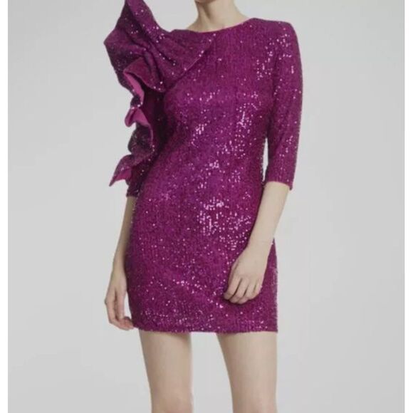ONE33 Social Magenta Sequin Cocktail Dress Ruffle Detail Party Evening Formal - Picture 1 of 8